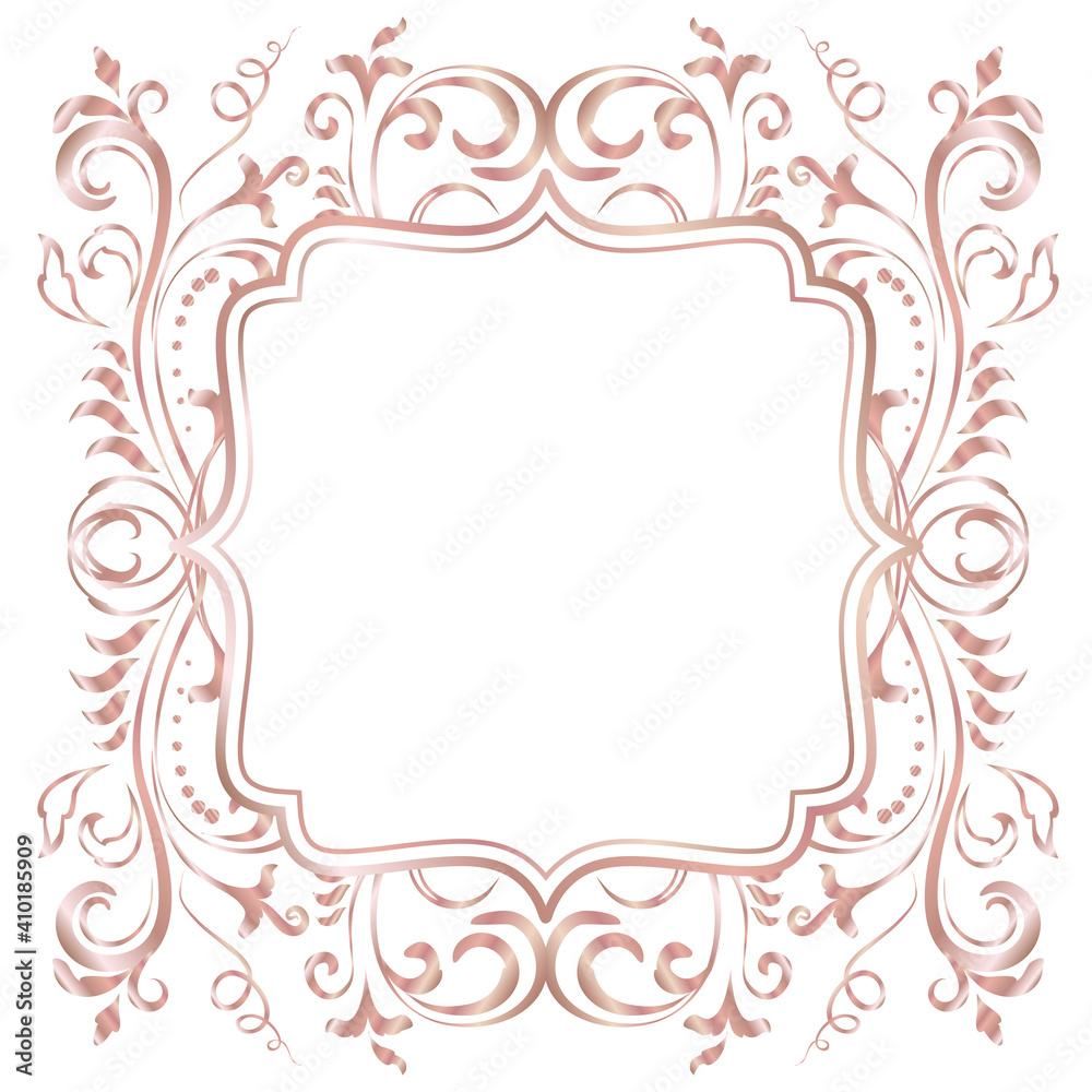 Rose golden shiny glowing ornate frame isolated over white