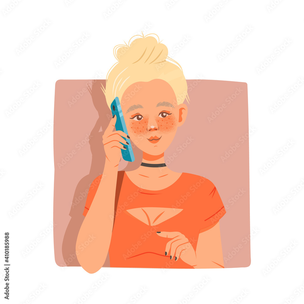 Blond Girl Looking Out Window and Speaking by Phone Vector Illustration