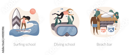 Summer vacation activity abstract concept vector illustration set. Surfing school, diving school, beach bar, surfboard and wetsuit rental, water sport, tropical cocktail recipe abstract metaphor.