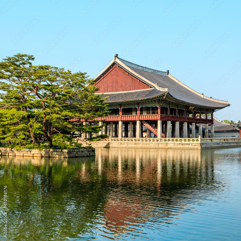 Gyeonghoeru Pavilion located on a peaceful pond, Gyeongbokgung Palace, Seoul. Traditional korean architecture.