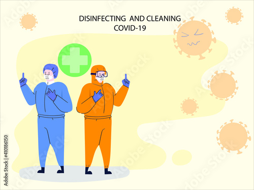 Medical staff to prevent COVID-19 virus, cleaning and disinfecting to banish virus cell, banner - Vector illustrate