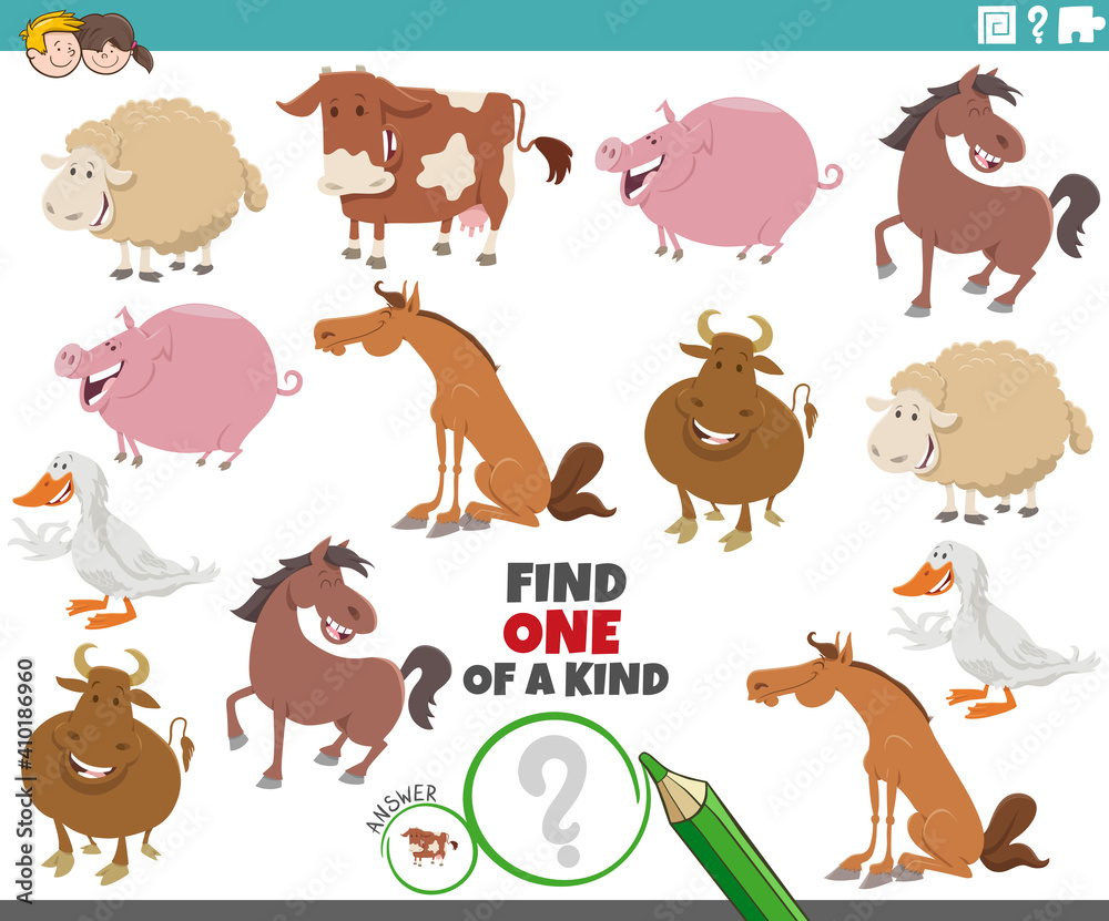 one of a kind task for children with cartoon farm animals
