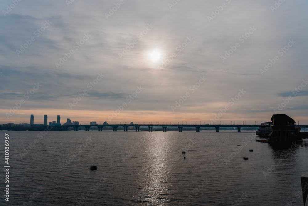 Bridge over the Dnieper River at dawn. Ukraine, Kiev.