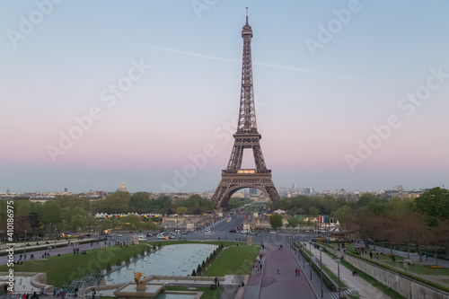 The iconic tourist attraction Eiffel Tower in Paris, France with a pastel coloured sky taken from Palais de Chaillot.