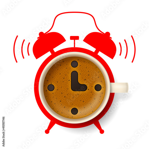 Cup of coffee with stylized clock face and silhouette of alarm clock