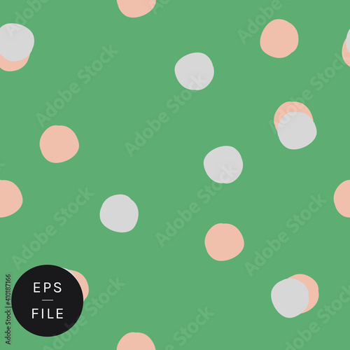 Hand drawn irregular polka dots circles timeless seamless pattern vector. Classic with a twist. Irregular layout, random composition, trendy design. Elegant garden green color light blue stylish pink