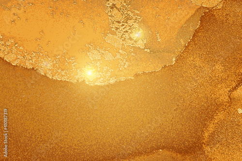 Fortuna gold marble texture with sparkles. Abstract vector background in alcohol ink technique. Modern paint with glitter. Template for banner, poster design. Fluid art painting