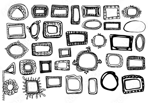 Hand-drawn doodle-style set of vector cute frames isolated by a black outline on a white background for your design template. large collection of curbs of various shapes round, square, spiral, simple 