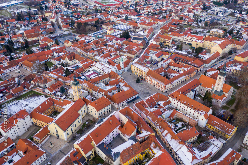 Aerial view of traditional baroque Varazdin downtown during winter, Croatia.
