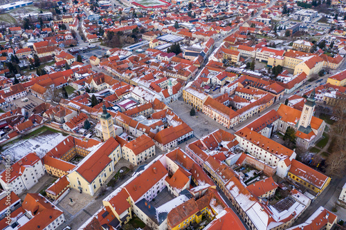 Aerial view of traditional baroque Varazdin downtown during winter, Croatia.