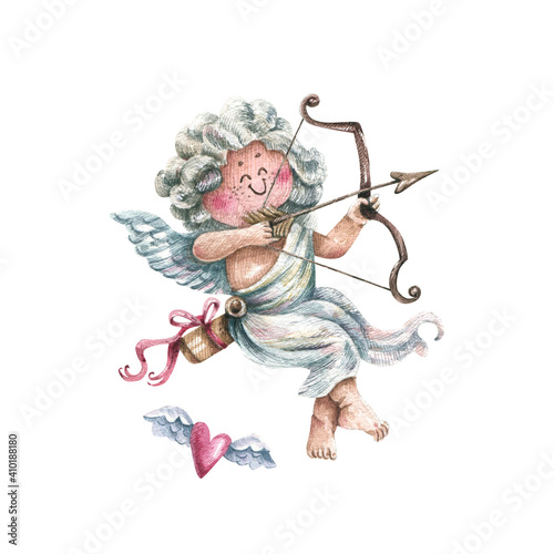 Cute character cupid with bow and arrow painted in watercolor in vintage style. A hand-drawn boy Cupid shoots a bow. Illustration for cards, invitations, scrapbooking, souvenirs.