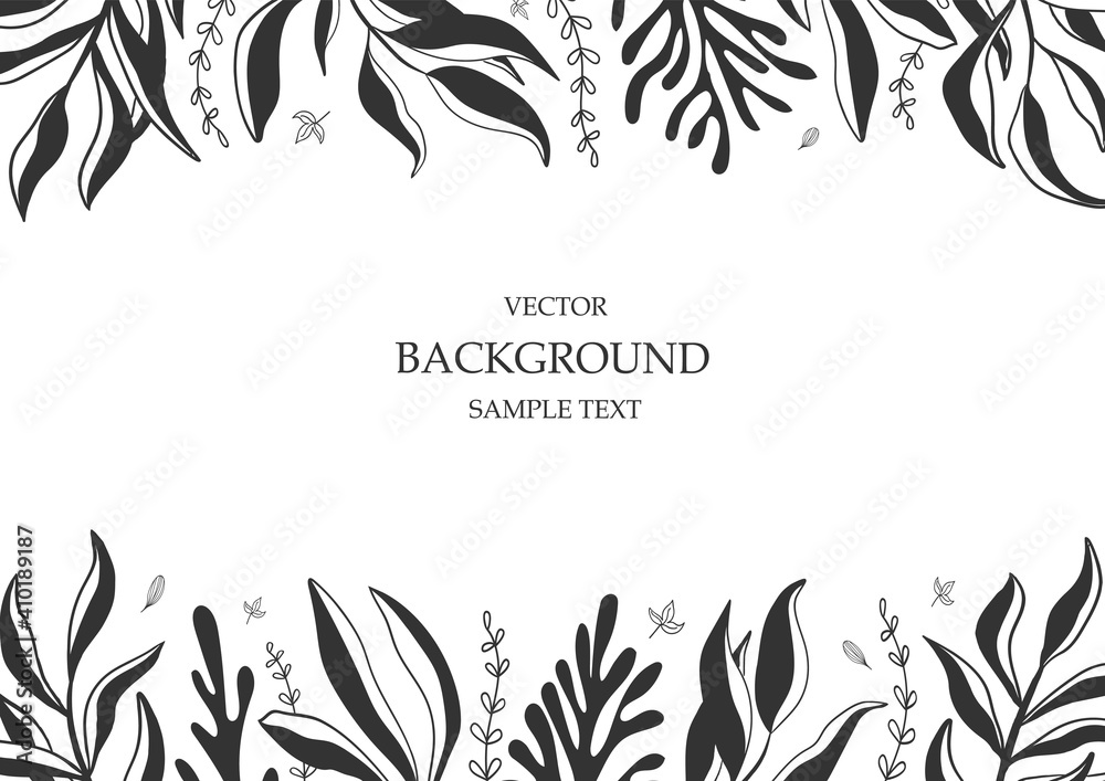 Floral vector template with leaves, plants for greeting card. Abstract natural elements. Vector plant print for holiday poster, background, cover, banner, invitation. Minimalistic, trendy design. - obrazy, fototapety, plakaty 