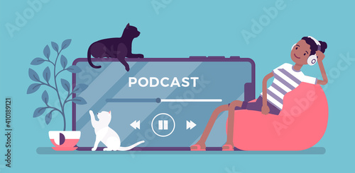 Young woman enjoys listening podcasts played through smartphone in headphones. Girl sitting at giant phone screen, using device app. Vector creative stylized illustration