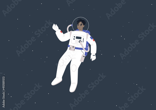 Young male Black astronaut wearing a spacesuit floating between the stars