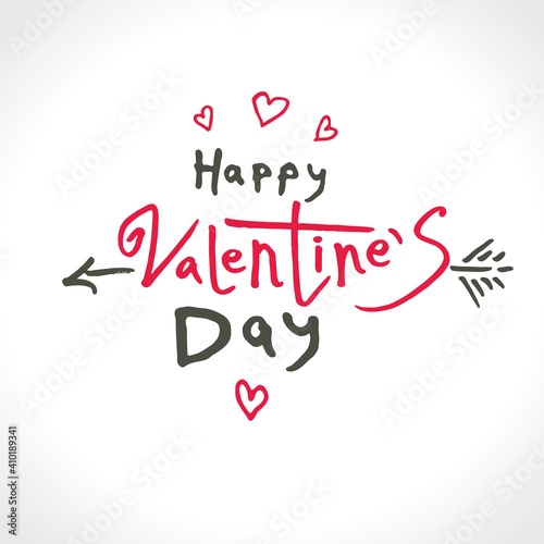 Handwritten vector logo Happy Valentine's Day. Drawn hearts and arrow of cupid and inscription. Vector template. Cute card
