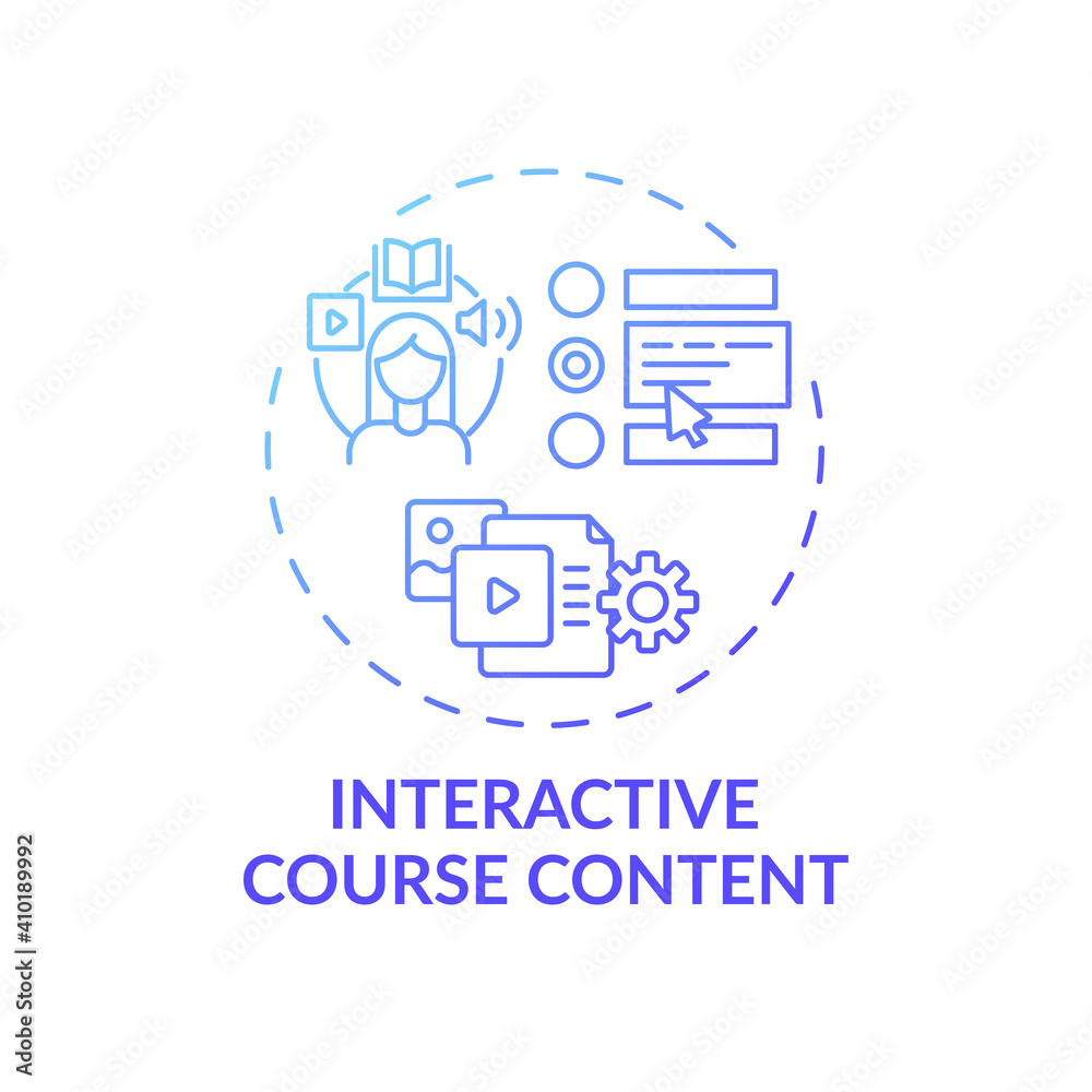 Interactive course content concept icon. Online teaching tips. Education that allows student to impact content idea thin line illustration. Vector isolated outline RGB color drawing Interactive course content concept icon. Online teaching tips. Education that allows student to impact content idea thin line illustration. Vector isolated outline RGB color drawing