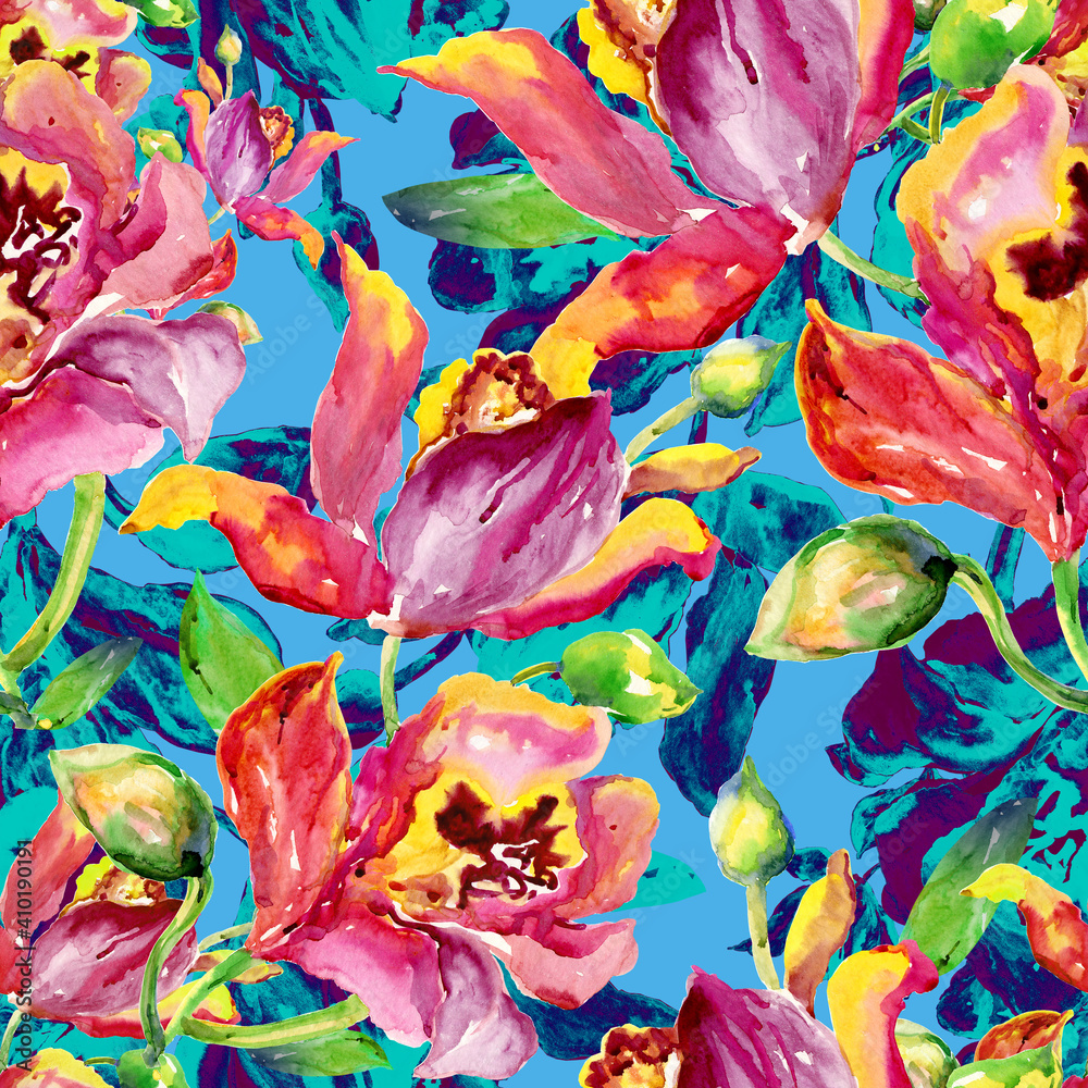 Seamless pattern of bright watercolor orchid