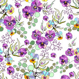 Vector pattern with flowers and plants. Watercolor floral illustration. Seamless pattern. Isolated on white background.
