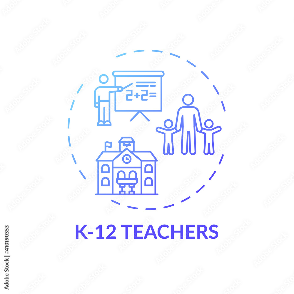 K 12 teachers concept icon. Online teaching jobs types. Teacher educates between kindergarten and twelfth school grades idea thin line illustration. Vector isolated outline RGB color drawing