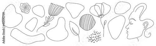 Abstract handrawn linear shapes with flowers and leaves. Vector simple set for background, logo and posters. Creative illustration bundle. 