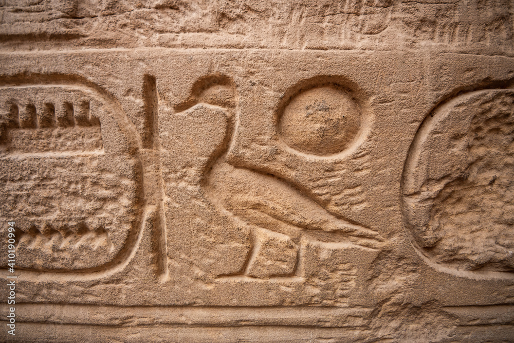 Sa-Ra hieroglyph. Son of Re as duck and sun. Son of the egyptian solar deity. Ancient Egyptian hieroglyphs on a wall in the Karnak Temple of Luxor