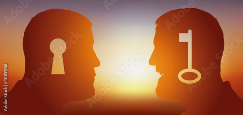 Concept de la réflexion intellectuelle à la recherche d’une solution avec pour symbole, deux hommes face à face, l’un posant une question, l’autre lui apportant la réponse.