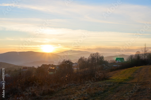 Fantastic winter landscape during sunset in the Tatra Mountains, Poland. Colorful sky glowing by sunlight. 