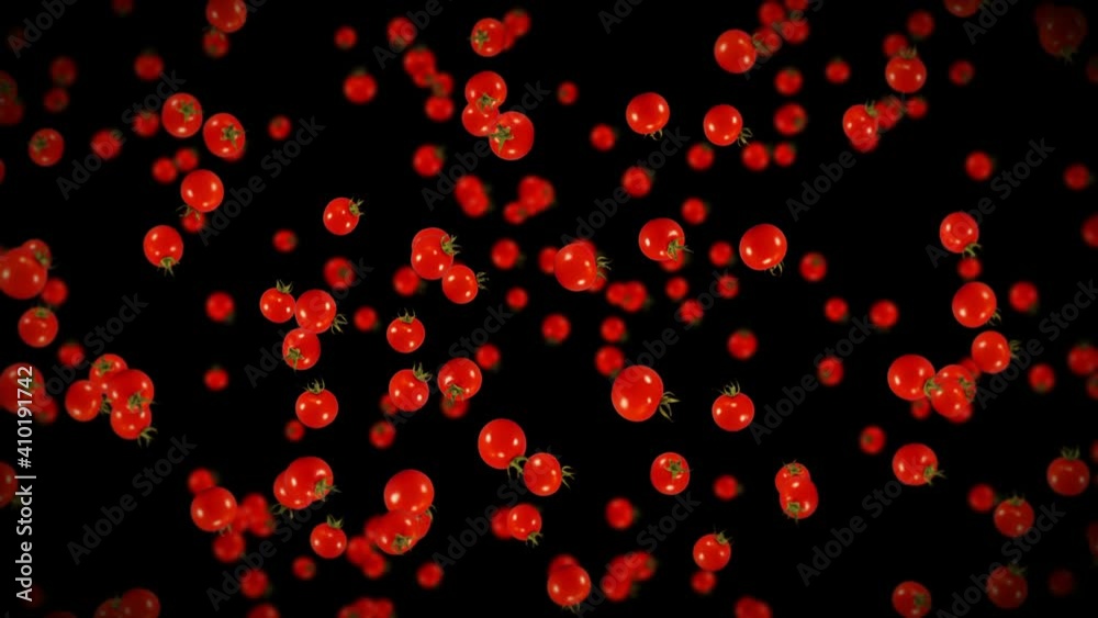 Flying many fresh tomatoes on black background. Organic vegetables. Ripe juicy cherry tomatoes. 3D loop animation of tomato rotating. Flying many fresh tomatoes on black background. Organic vegetables. Ripe juicy cherry tomatoes. 3D loop animation of tomato rotating.