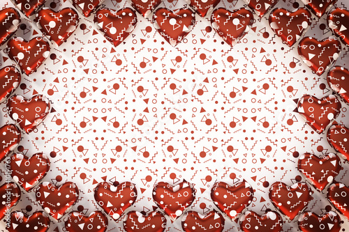 Love background design with a frame made of 3d hearts. Wallpaper resource for weddings, engagements and Saint Valentine’s day advertisements. 3d render illustration.