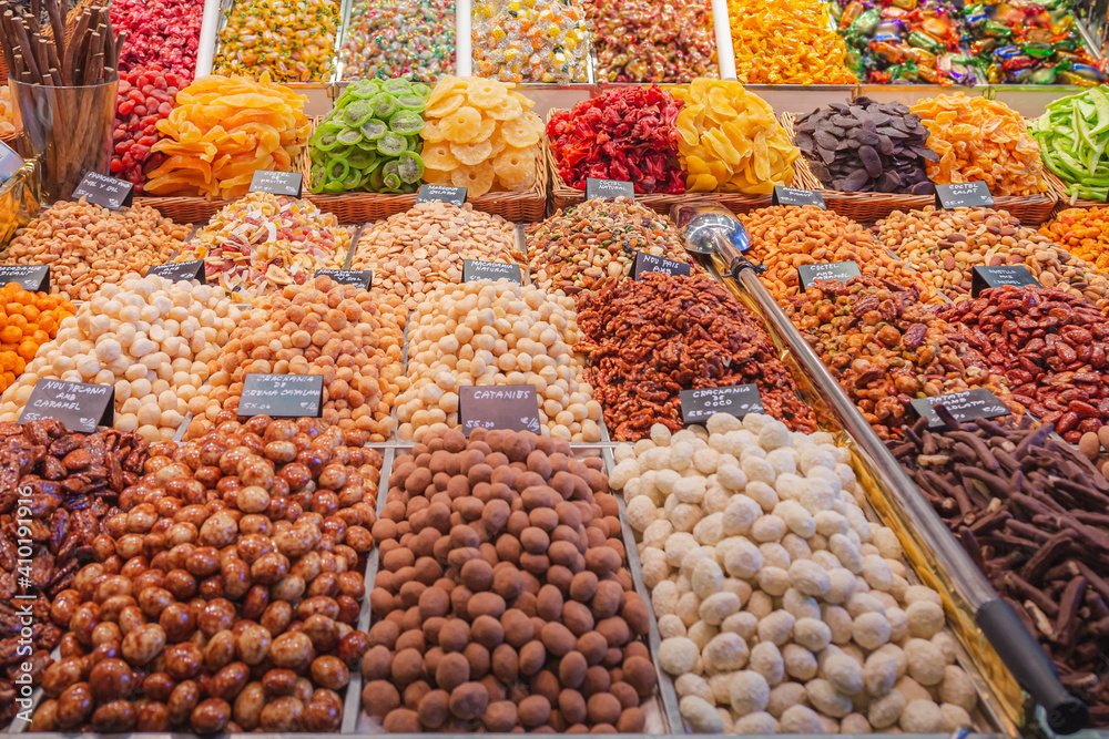 Dried fruit, nuts and sweets make for a colourful display at an indoor market in Barcelona, Spain.