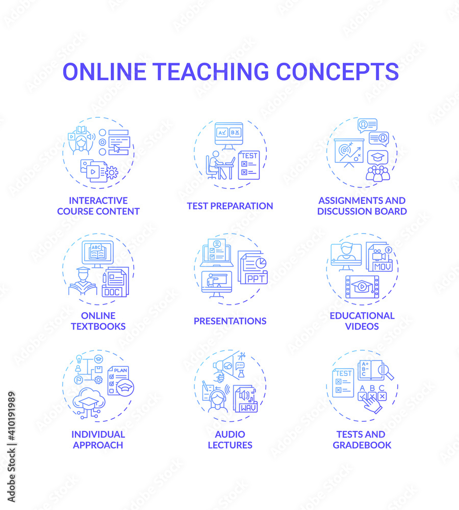 Online teaching concept icons set. Interactive course content. Online learning textbooks and presentations for your growth idea thin line RGB color illustrations. Vector isolated outline drawings Online teaching concept icons set. Interactive course content. Online learning textbooks and presentations for your growth idea thin line RGB color illustrations. Vector isolated outline drawings