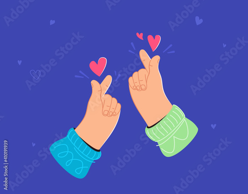 Two human hands showing korean love heart sign by fingers. Flat vector illustration for Valentine's Day poster or greeting card. Korean finger heart isolated on blue background with flying hearts