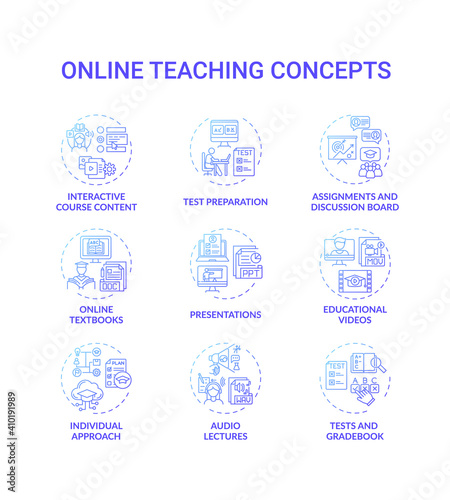 Online teaching concept icons set. Interactive course content. Online learning textbooks and presentations for your growth idea thin line RGB color illustrations. Vector isolated outline drawings