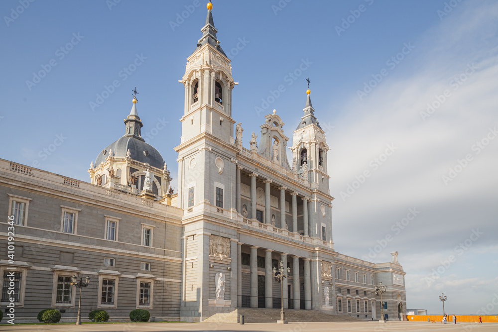 The Almudena Cathedral outside the entrance to the Royal Palace, is the seat of the Roman Catholic Archdiocese of Madrid in Spain