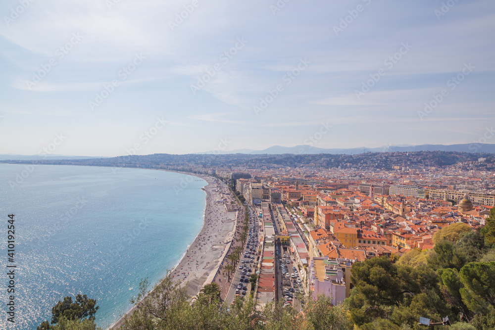View over Nice, France in the French Riviera from Bellanda Tower in Colline du Chateau city park.
