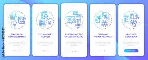 Online course management system onboarding mobile app page screen with concepts. Chat and private messages walkthrough 5 steps graphic instructions. UI vector template with RGB color illustrations