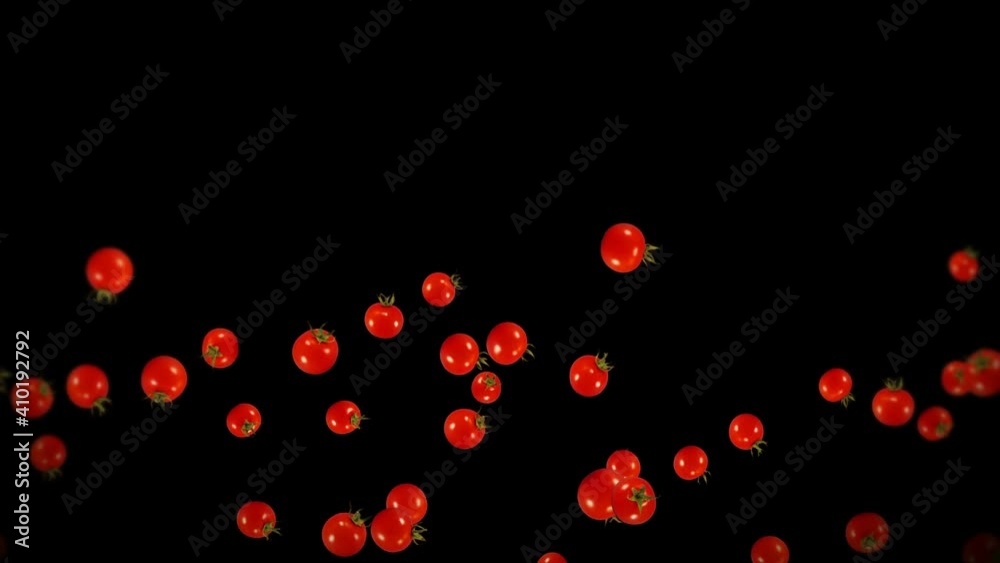 Flying many fresh tomatoes on black background. Organic vegetables. Ripe juicy cherry tomatoes. 3D loop animation of tomato rotating. Flying many fresh tomatoes on black background. Organic vegetables. Ripe juicy cherry tomatoes. 3D loop animation of tomato rotating.