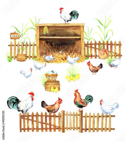 Happy chicken clipart. Farm Animals, Rooster, Hen, Bio Eggs, Coop, Chicks, Nest, Eco Village. Isolated elements. Stock illustration. Hand painted in watercolor.