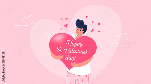 Happy smiling man hugging heart symbol as Valentines greeting card. Flat vector illustration of people who fell in love and celebrating Saint Valentines day. Romantic sweet banner on rose background