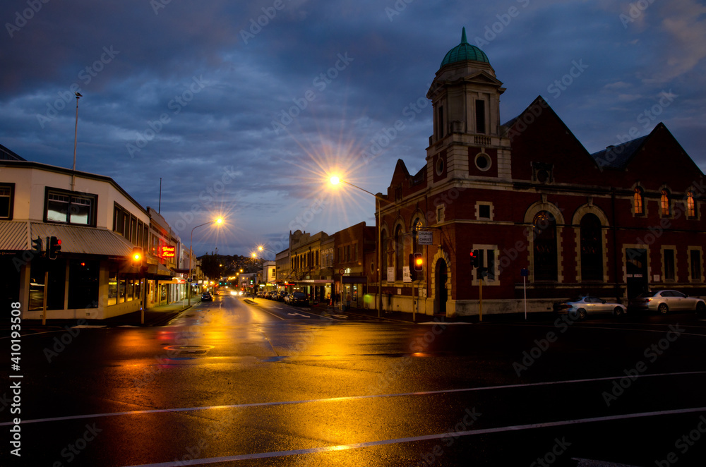 Church and cityscape at sunset. Dunedin. Otago. South Island. New Zealand.