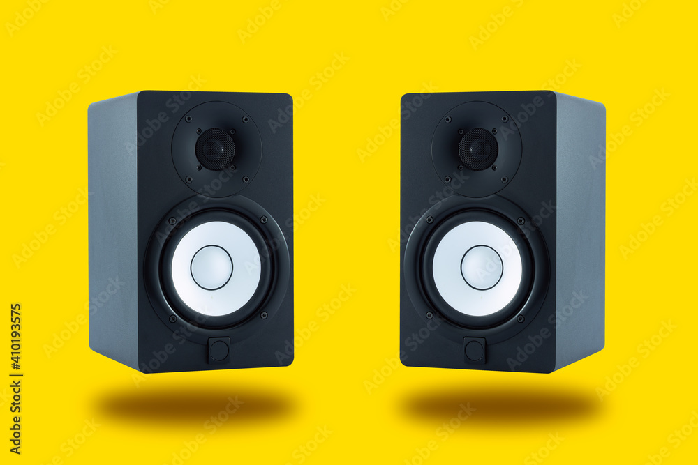 Pair of professional high quality monitor speakers for sound recording,  mixing, and mastering in studio in black wooden casing isolated on yellow  background. Stock 写真 | Adobe Stock
