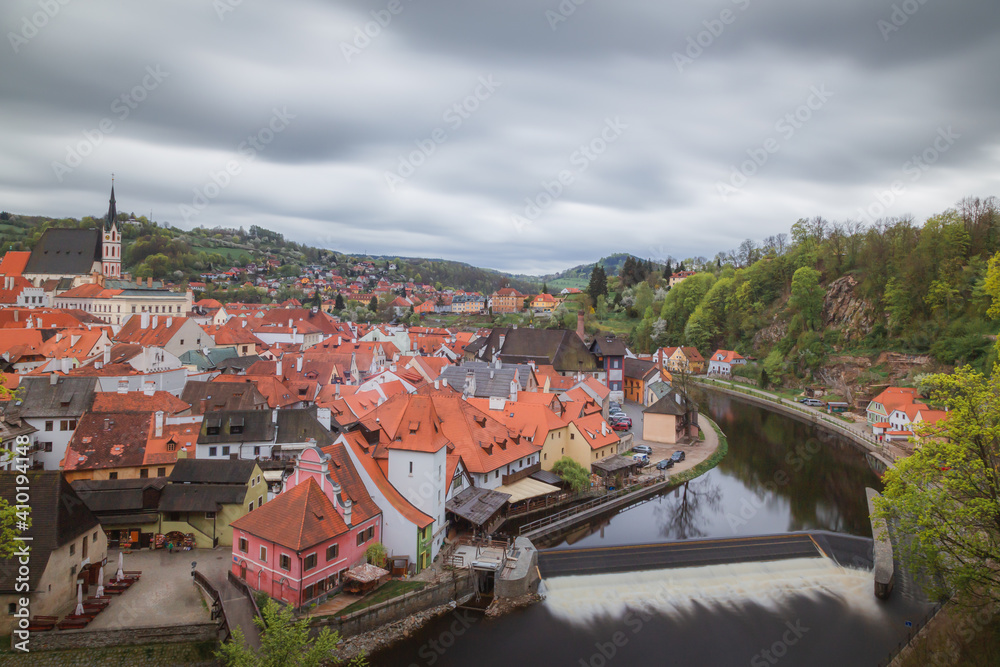 Classic view over the picturesque and Unesco World Heritage town of Cesky Krumlov along the curving Vltava River in Bohemia of the Czech Republic.