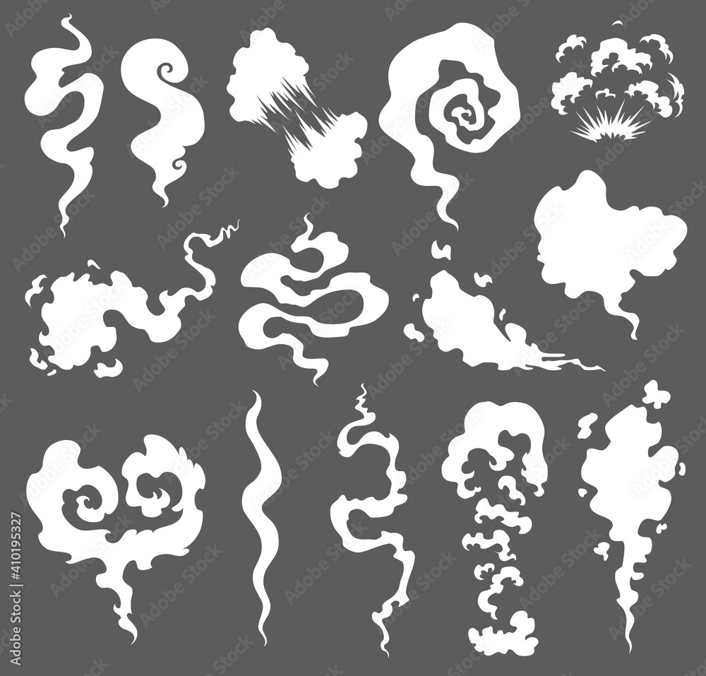Bad smell. Smoke clouds. Steam smoke clouds of cigarettes or expired old food cooking cartoon icons. Illustration of smell vapor, cloud aroma.