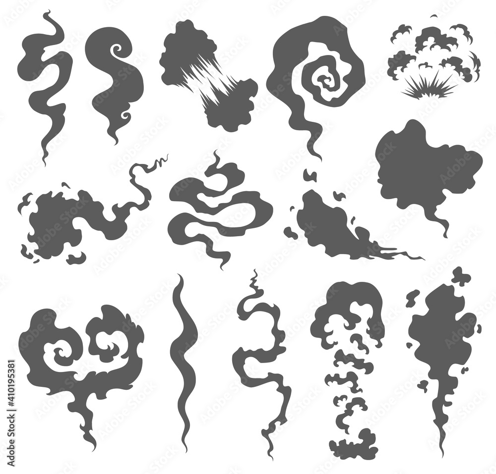 Bad smell. Smoke clouds. Steam smoke clouds of cigarettes or expired old food cooking cartoon icons. Illustration of smell vapor, cloud aroma. Bad smell. Smoke clouds. Steam smoke clouds of cigarettes or expired old food cooking cartoon icons. Illustration of smell vapor, cloud aroma.