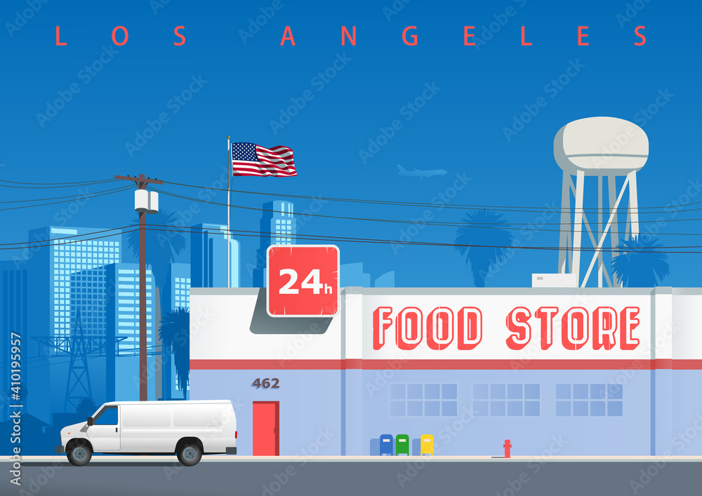 A street in the Los Angeles neighborhood. Symbolic illustration with a food store building, a water tower, the city skyline, electricity pole, and a cargo car parked on the street (not derived image)