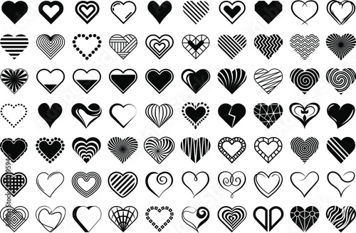Hearts. Vector stilyzed black hearts set, isolated on white background. Symbols, signs flat icons. Love, valentine icon collection. 