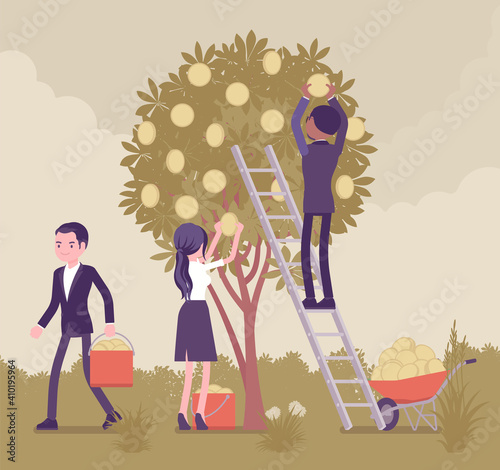 Return on Investment, ROI dividends gold coin tree picking. Young happy business people reaping the harvest of money, benefit from successful financial deal. Vector creative stylized illustration