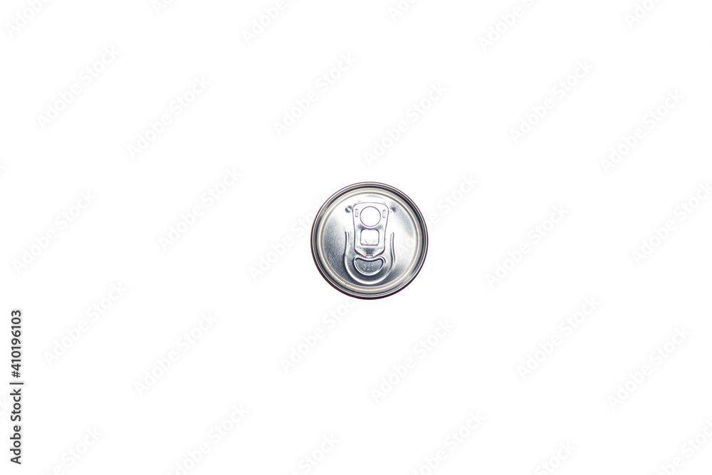Aluminum can on a white background, with water drops, top view. Aluminum can on a white background, with water drops, top view.