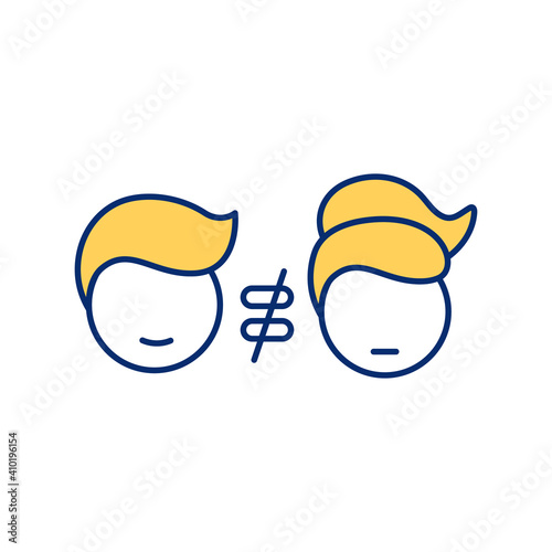 Gender inequality RGB color icon. Unfair treatment. Man not equal woman. Discrimination against female employee. Comparison for social problem. Unjust opportunities. Isolated vector illustration