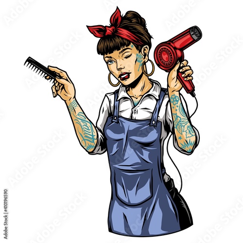 Pretty tattooed winking female barber